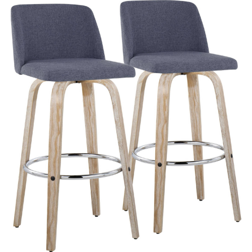 Toriano 30" Swivel Bar Stool in White Washed Wood & Blue Fabric w/ Chrome Footrest (Set of 2)